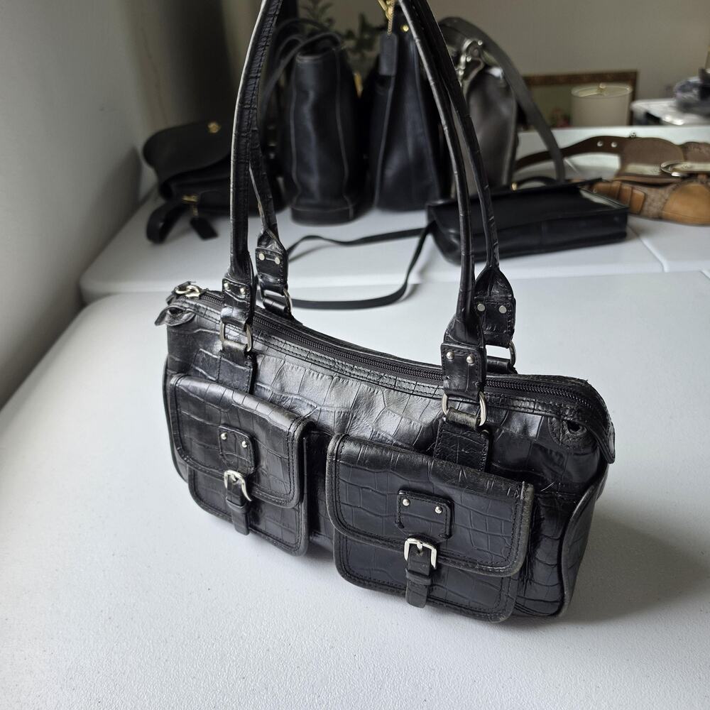 Fossil Shoulder Bag Womens Small Black Croc Embossed Leather Zip Purse Handbag